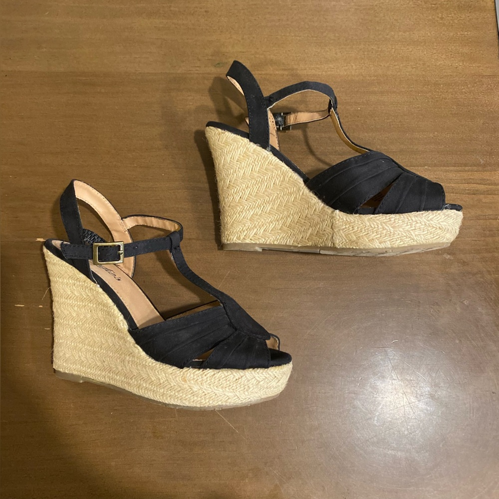 Candies Wedge Platform Sandals Tan Braided Jute Black Canvas Women’s Size 6